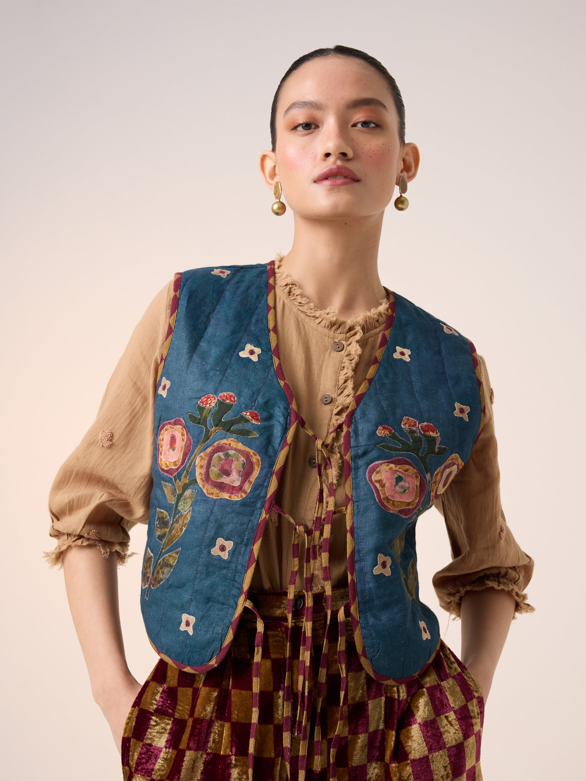 Janett Gilet Dark Blue with Floral Applique