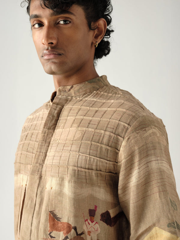 Pintuck Collarless Shirt
