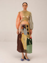Morning Coffee Printed Euro Long Dress - Cord