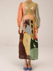 Morning Coffee Printed Euro Long Dress - Cord