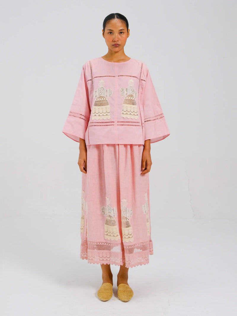 Doll Rose Appliqué Quad Set – Lace Top & Midi Skirt