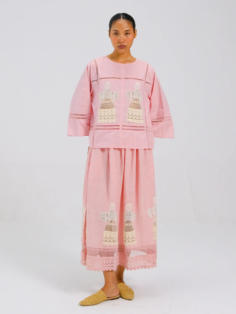 Doll Rose Appliqué Quad Set – Lace Top & Midi Skirt