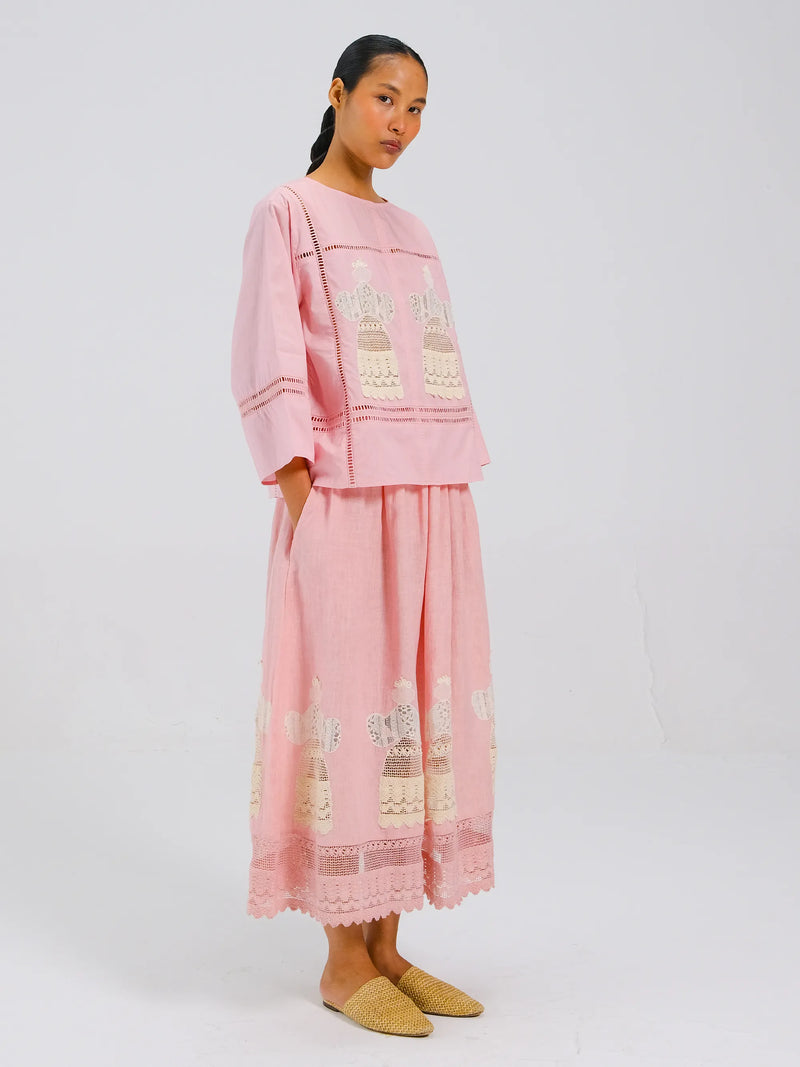 Doll Rose Appliqué Quad Set – Lace Top & Midi Skirt