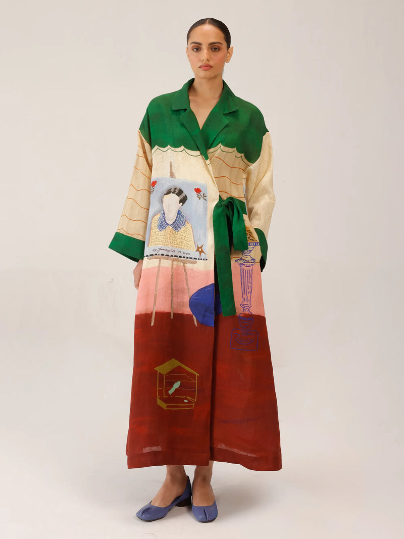 Loft Printed Tie-Up Linen Dress L