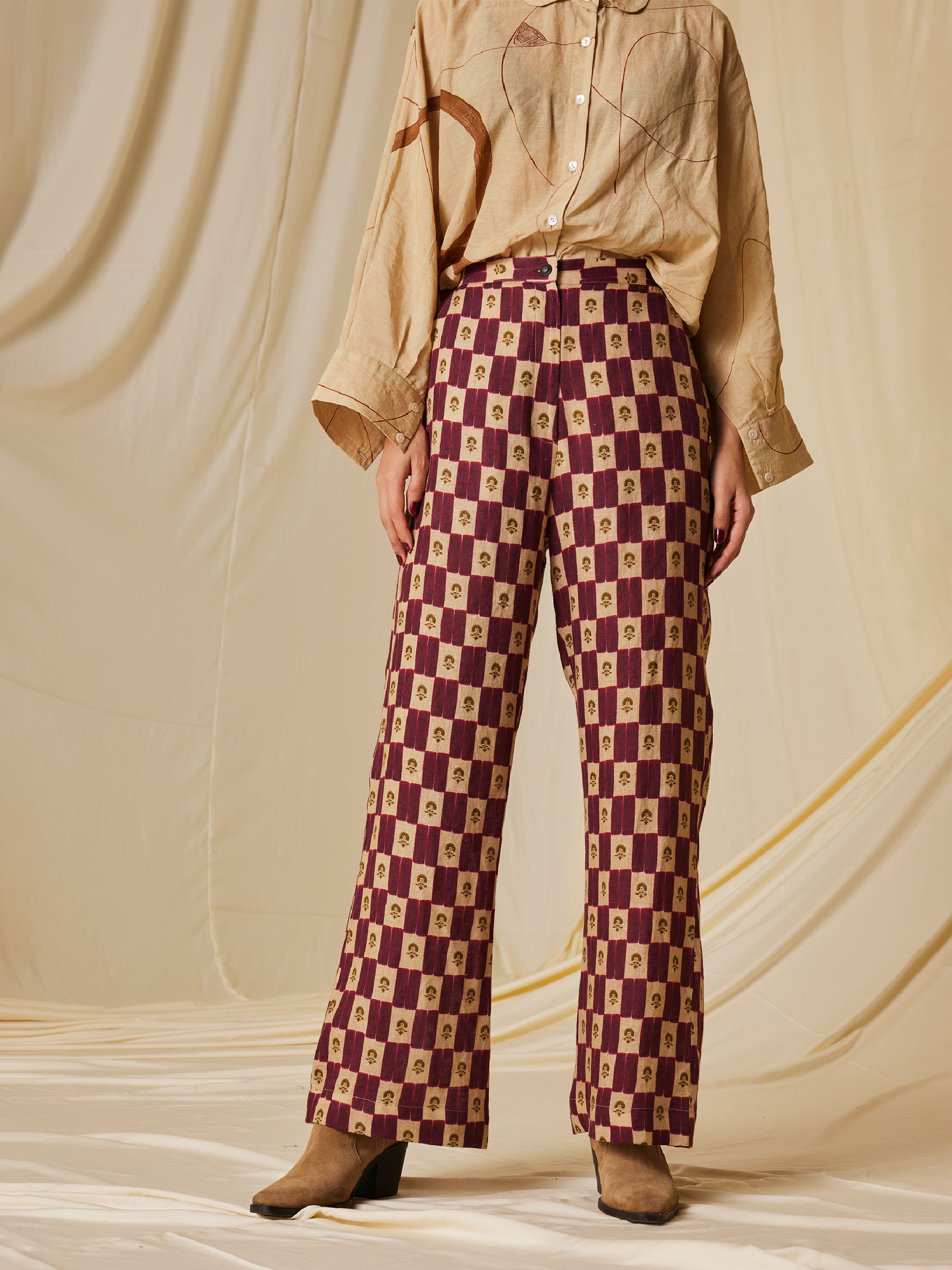 60'S Pants | Check Print Flared Pant For Women