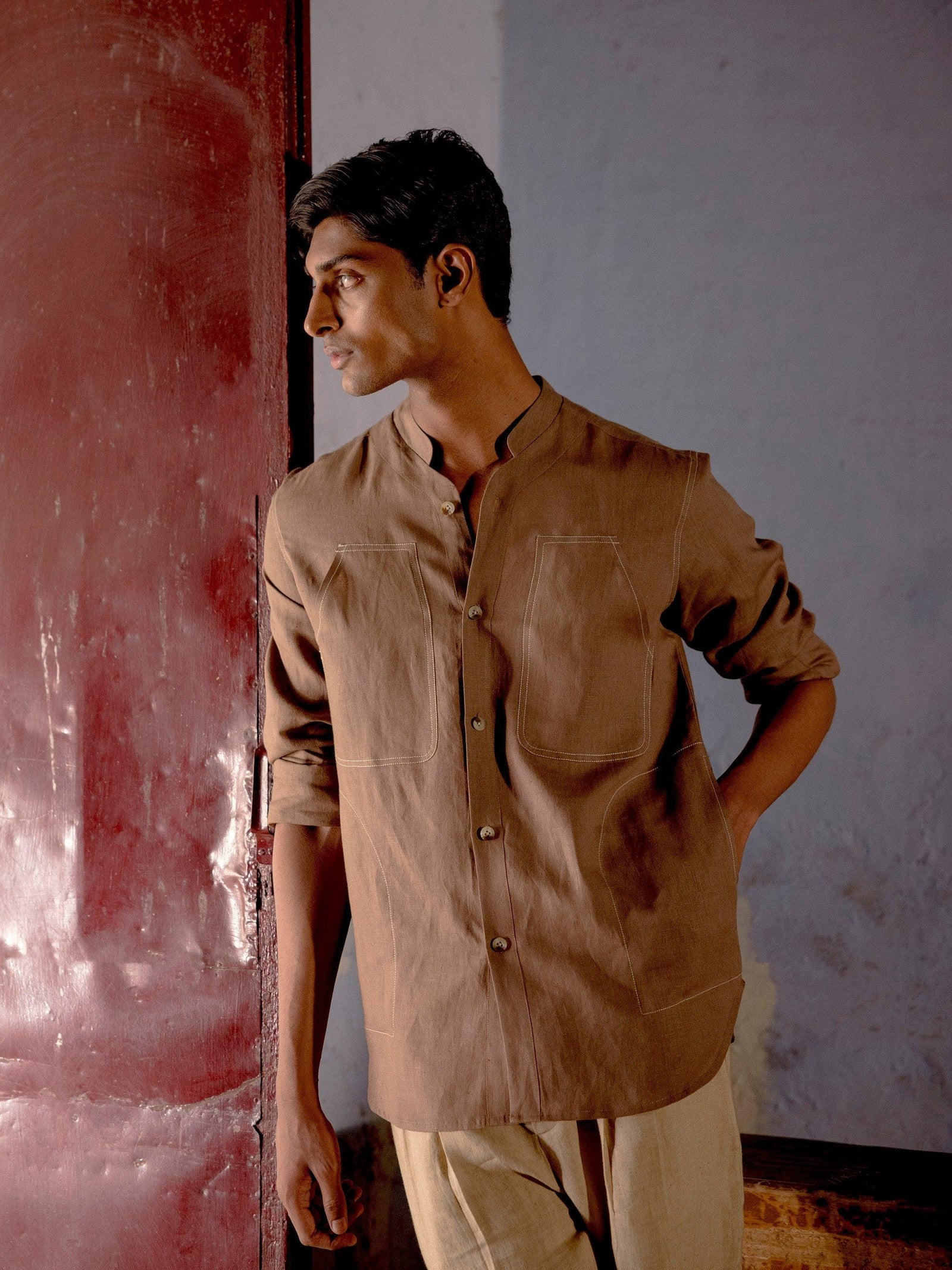 collarless linen dress shirt Collarless Linen Shirt