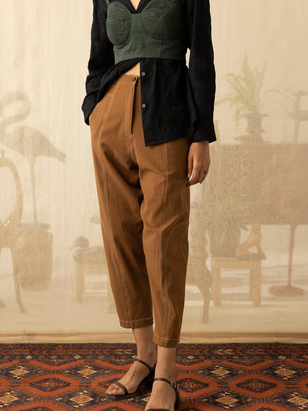 Florid Set (Coco Shirt + Emerald Bustier + Brown Top Stitch Pants) - CordStudio