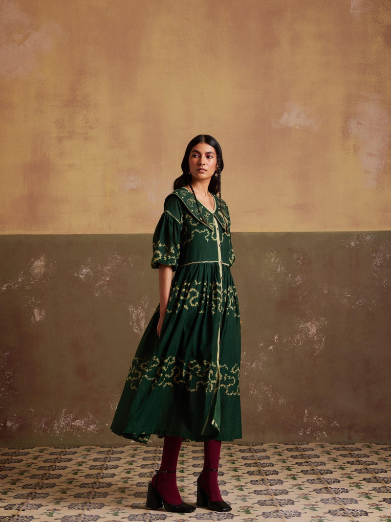 Emerald colour long pleated V neckline with front slit spiral detailing dress