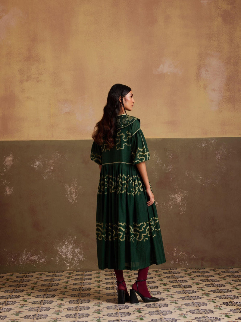Emerald colour long pleated V neckline with front slit spiral detailing dress