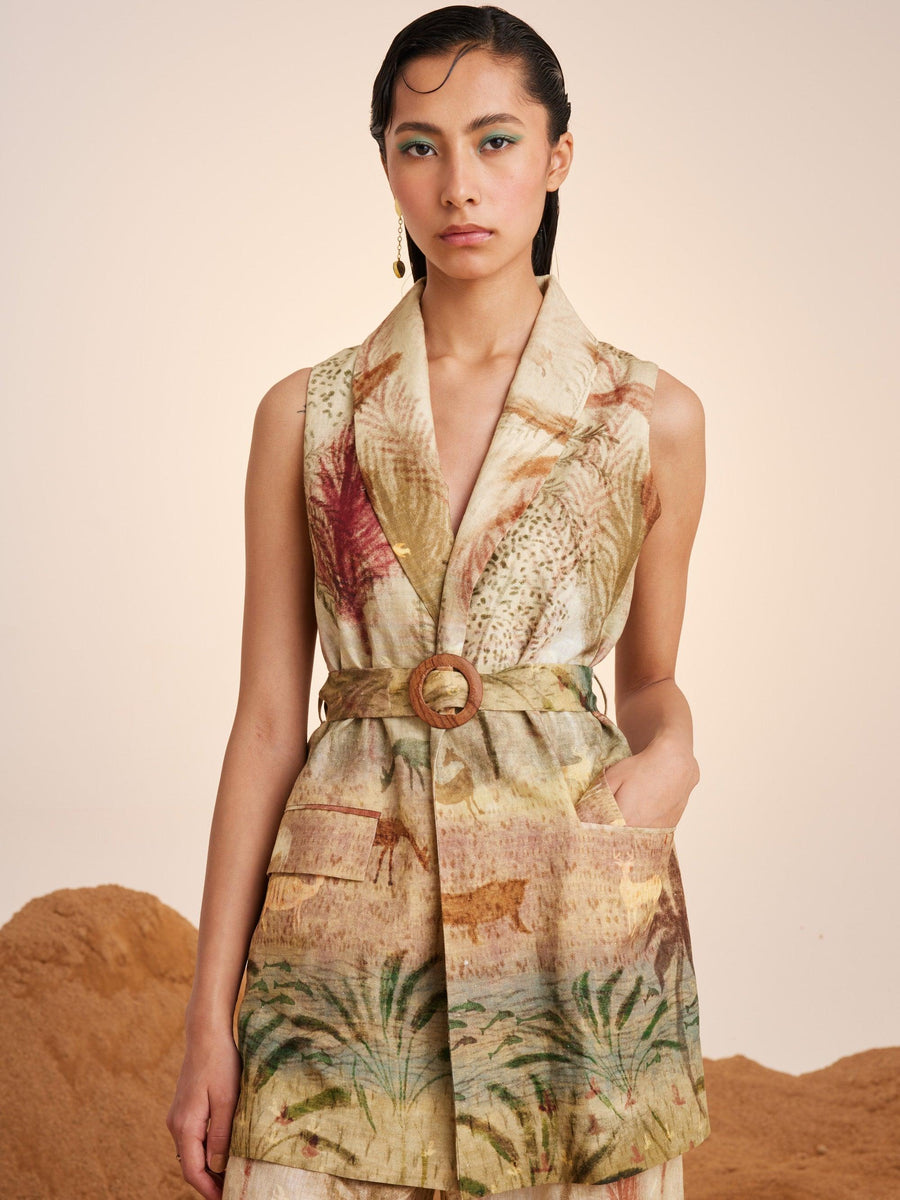 Corduroy Blazer With Embroidered belt