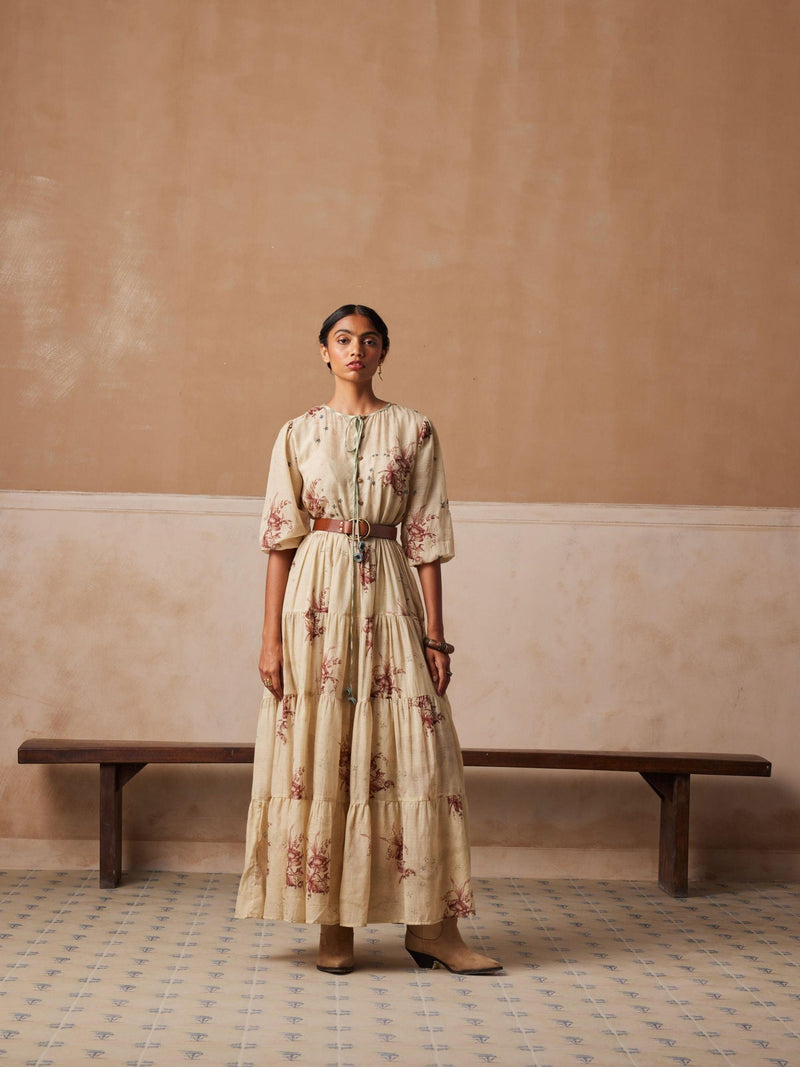 Peony Printed Hand Embroidered Long Flowy Cotton Dress With Waist Belt XXL Peony Printed Hand Embroidered Long Flowy Cotton Dress With Waist Belt XXL