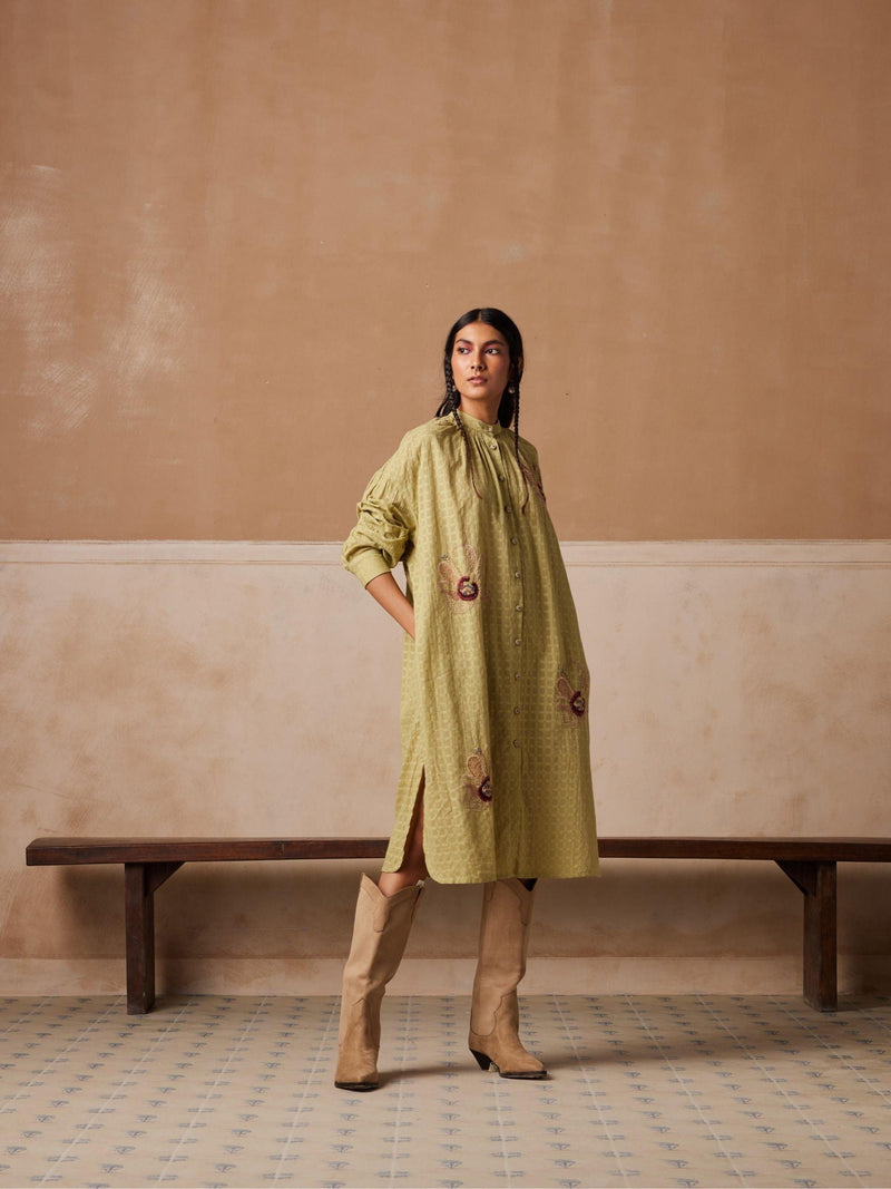 Lime Green Kaftaan Shirt Cotton Dress In Midi Length With Side Slits