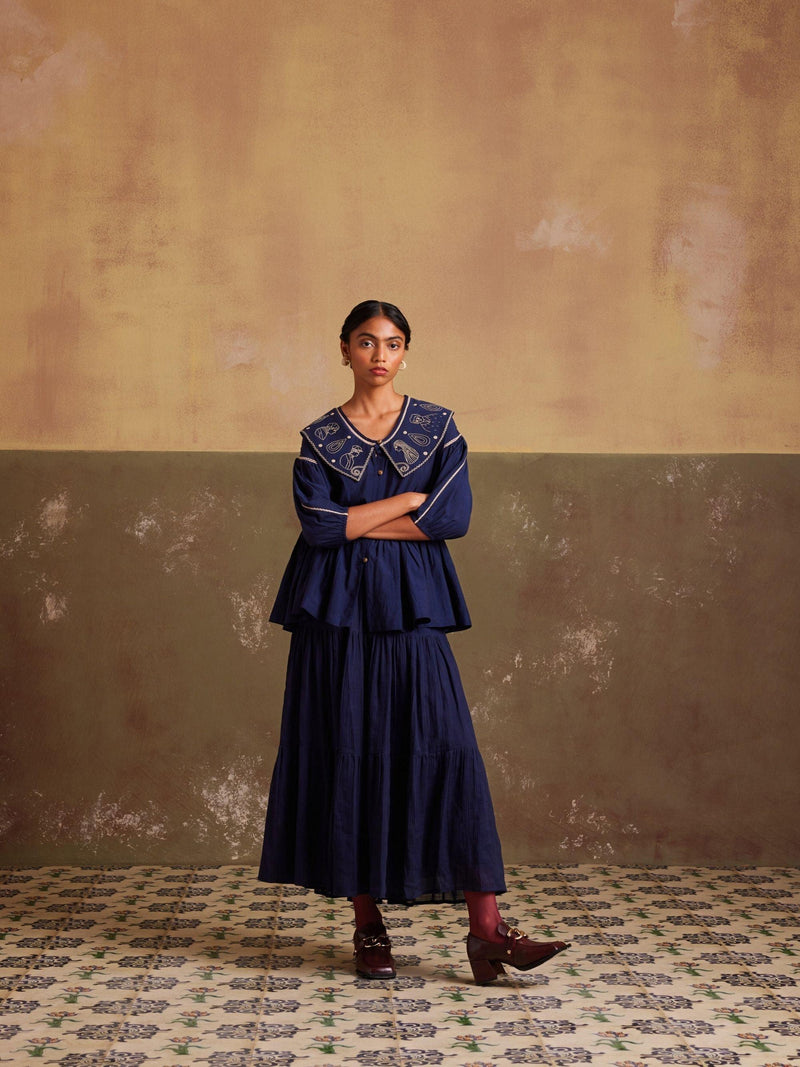 Spiral detailing cotton side pleated top with light & breezy Skirt