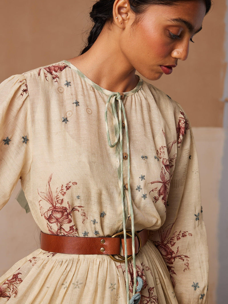 Peony Printed Hand Embroidered Long Flowy Cotton Dress With Waist Belt