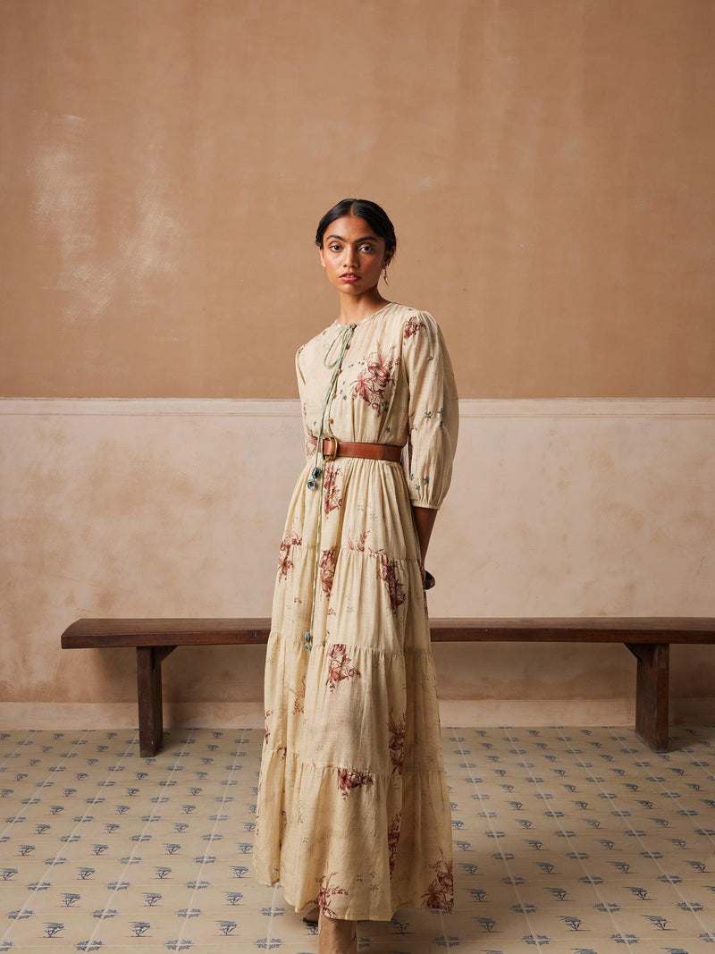 Peony Printed Hand Embroidered Long Flowy Cotton Dress With Waist Belt XXL Peony Printed Hand Embroidered Long Flowy Cotton Dress With Waist Belt XXL
