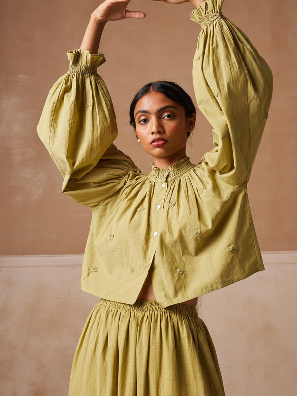 Lime Green Hand Embroidered Band Collar  Short Top With Bishop Sleeves