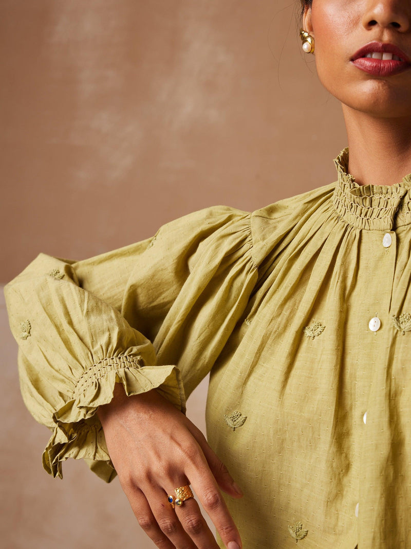 Lime Green Hand Embroidered Band Collar  Short Top With Bishop Sleeves