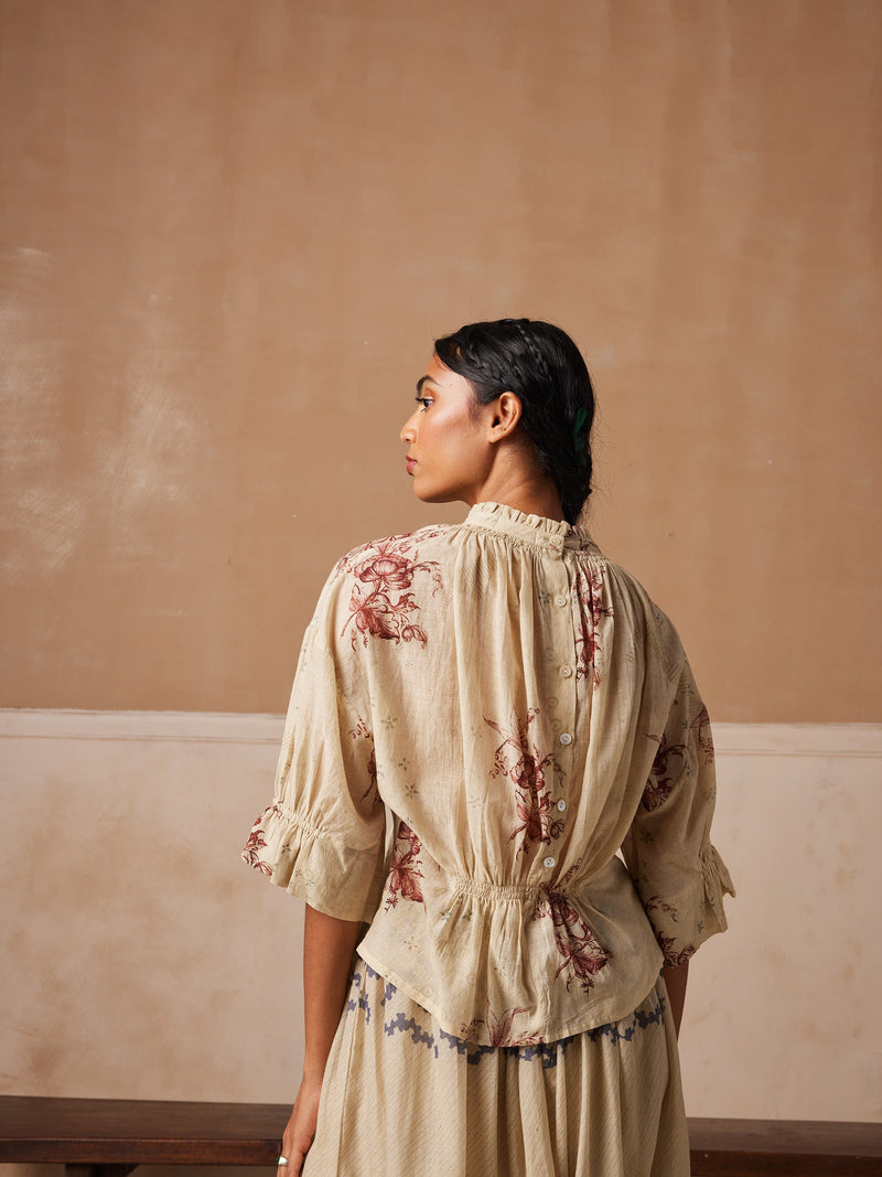 Short Drawstring floral printed Top with elasticated cuff sleeves