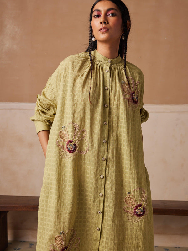 Lime Green Kaftaan Shirt Cotton Dress In Midi Length With Side Slits