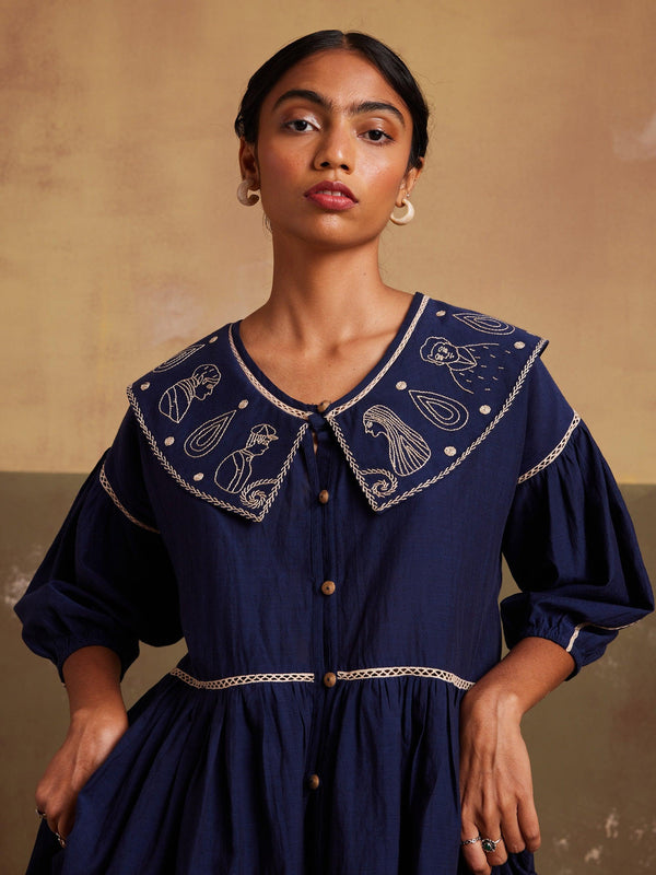 Indigo Peplum Style Hand Embroidered Buttons With U Neckline & puff Sleeves