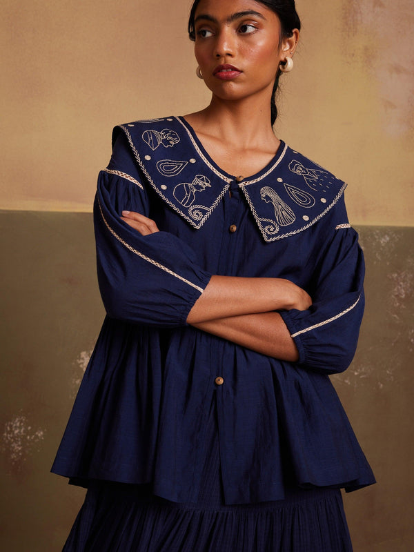 Indigo Peplum Style Hand Embroidered Buttons With U Neckline & puff Sleeves