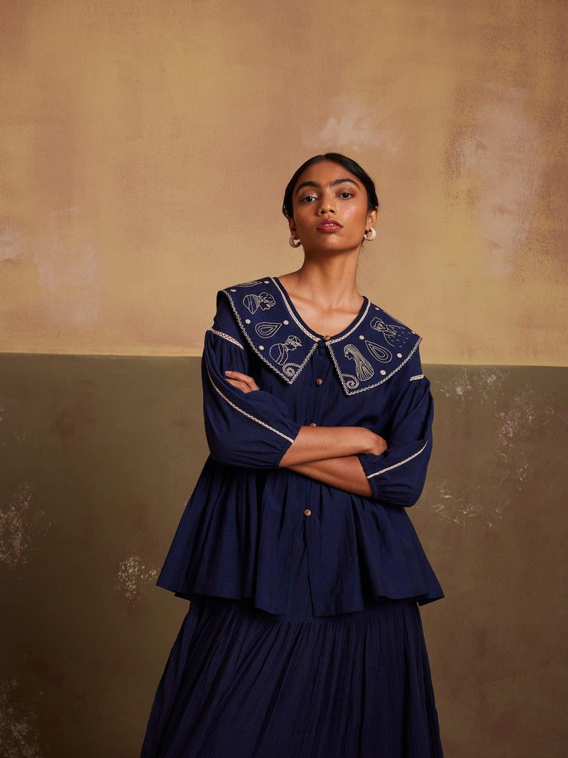 Indigo Peplum Style Hand Embroidered Buttons With U Neckline & puff Sleeves